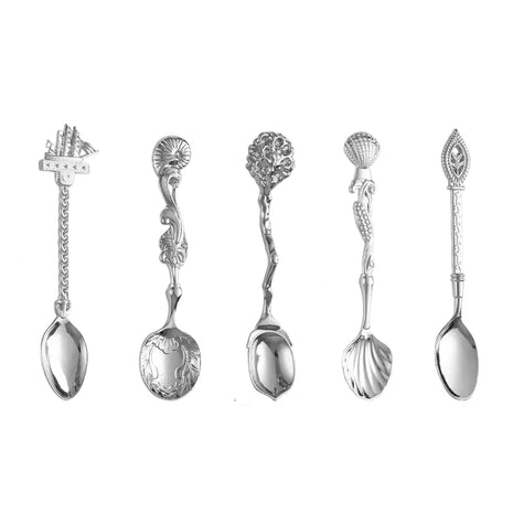 5-Piece Set Zinc Alloy Dessert & Coffee Spoon with Ocean Design silver