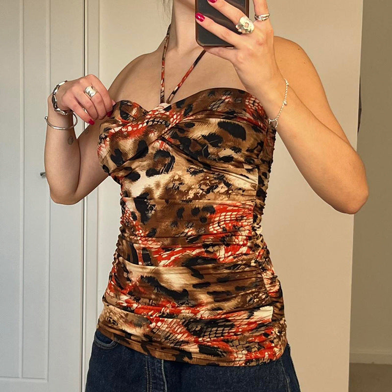 Retro Printed Backless Halter Vest