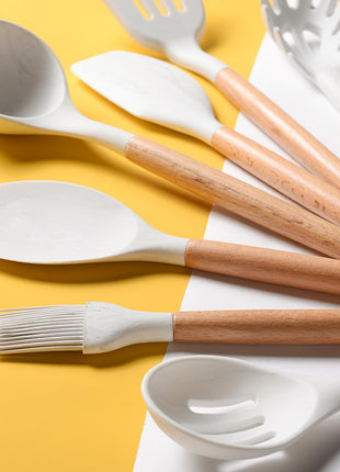 11-Piece White Marble Silicone Kitchen Utensil Set with Wooden Handles