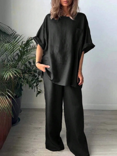 Casual Crew Neck Short Sleeve Top And Long Pants 2pcs Set