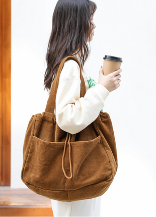 Ins コーデュロイ ドローストリング マルチポケット ショルダーバッグ