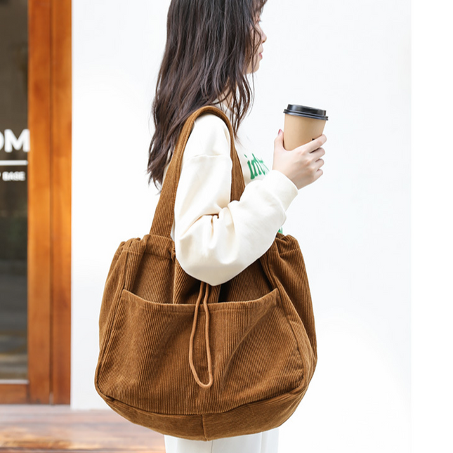 Ins Corduroy Drawstring Multi-Pocket Shoulder Bag