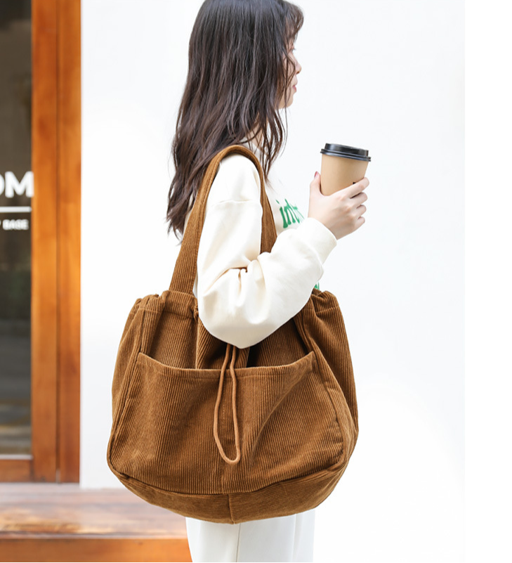 Ins Corduroy Drawstring Multi-Pocket Shoulder Bag