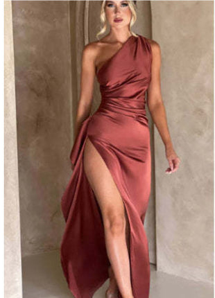 Satin One-shoulder Backless Slit Dress