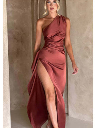 Sexy Satin One-shoulder Backless Slit Dress