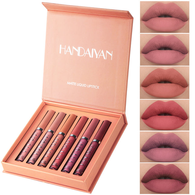 A set of six liquid lipsticks in various shades, presented alongside their packaging with the brand name HANDAIYAN visible.