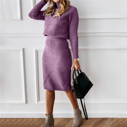 Turtleneck Knitting Solid Color Suit Skirt