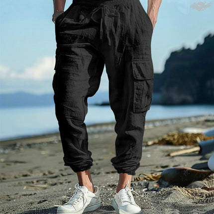 Casual Trousers Ankle-tied Multi-pocket Tether Solid Color Loose