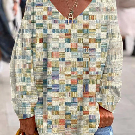 V-neck Floral Shading Printed Long-sleeved Top