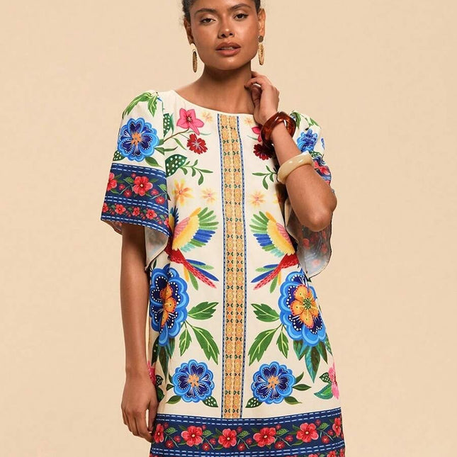 Fashion Retro Crew Neck Horn Printing Dress