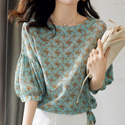 Cropped Lantern Sleeve Floral Top
