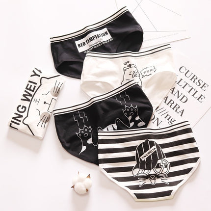 Black And White Cute Cartoon Mid Waist Sheath Breathable Underwear