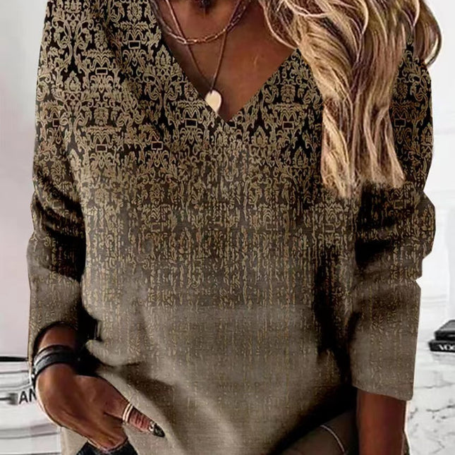 Retro V-neck Long-sleeved T-shirt