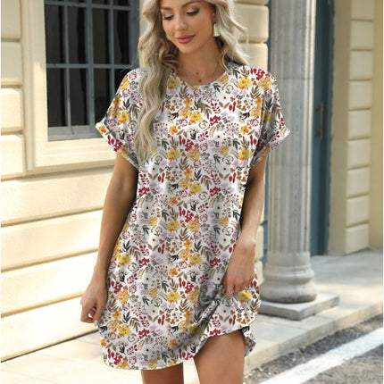Loose Crew Neck Short Sleeve Printed Pocket Dress