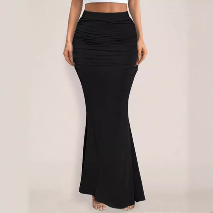 Stretch Silk Slim Hip Pleated Wide Hem Long Skirt
