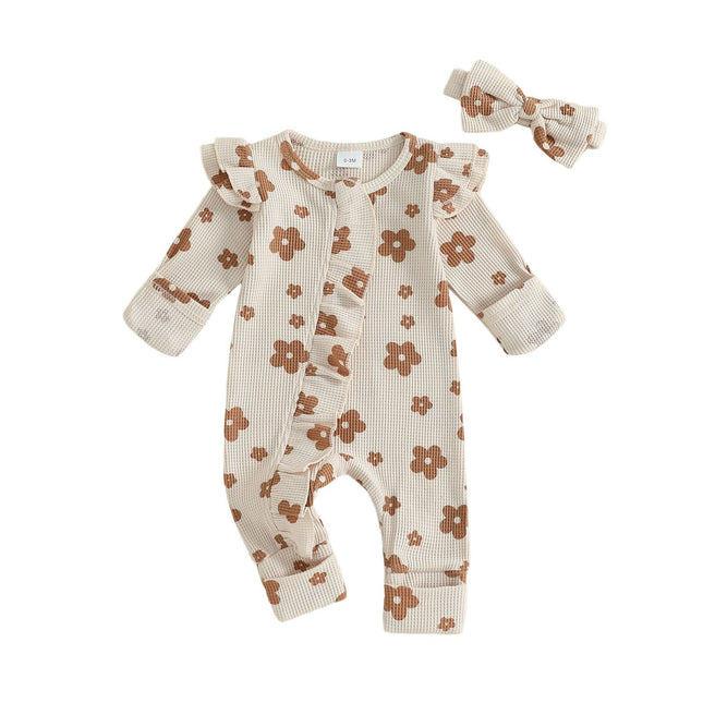 Baby Girls Cotton Floral Jumpsuit with Zipper & Headband - 0-18 Months
