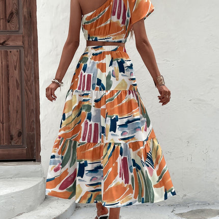 Crop One Shoulder Blouse & Ruffle Hem Skirt