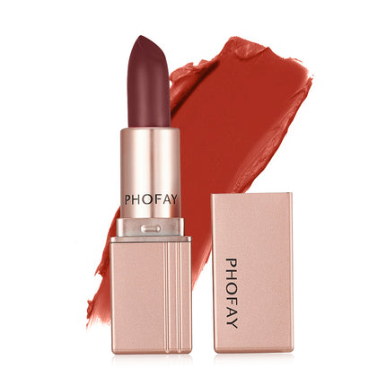 A PHOFAY matte lipstick in a rose pink shade, displayed next to its open packaging.