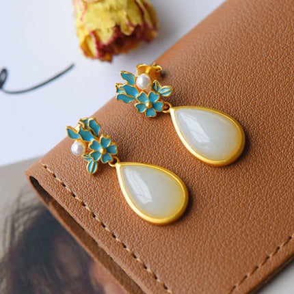 Natural White Jade Drop-shaped Earrings