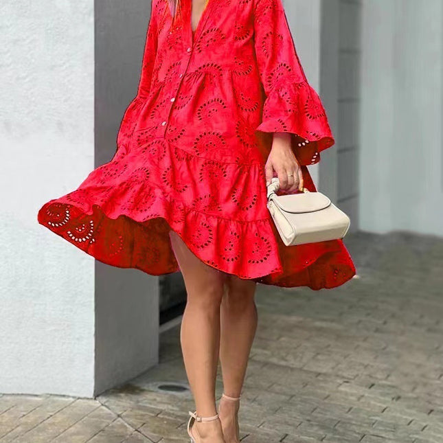 Red V-neck Loose Embroidered Hollow Lace Dress