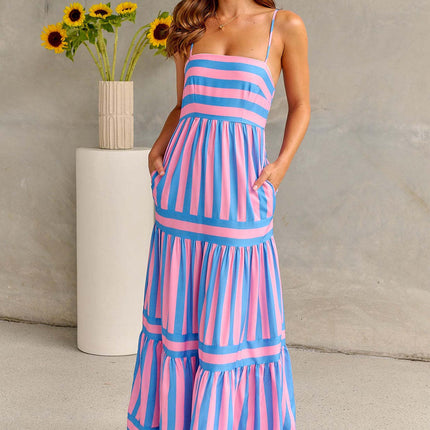 Summer Striped Suspender Long Dress With Pockets