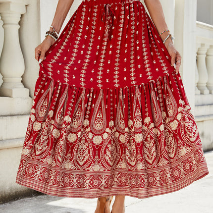 Rayon Printed Stitching Wide Hem Skirt