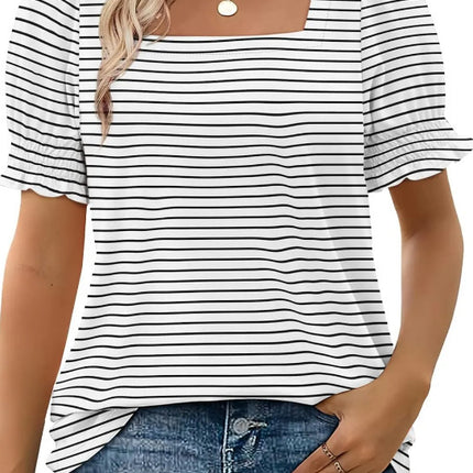 U-neck Petal Sleeve Loose Stripes T-shirt