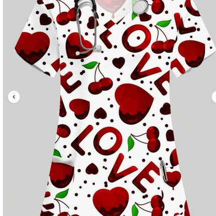 Vibrant Print Scrub Top Casual V-Neck Short Sleeve