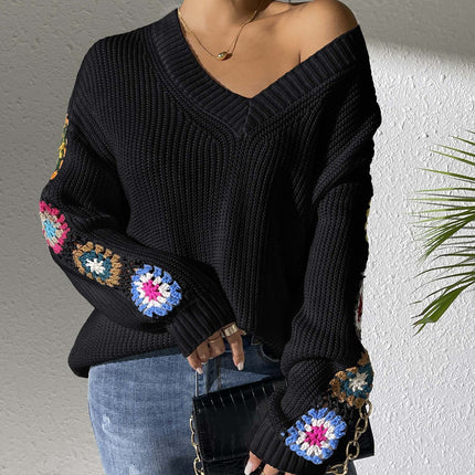 Crochet V-Neck Pullover Sweater