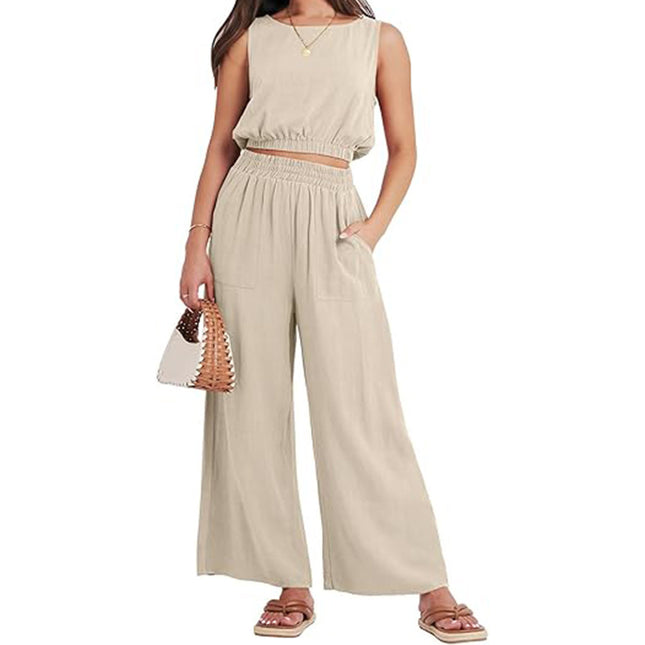 Round Neck Sleeveless Lower Hem High Waist Wide Leg Two-piece Set