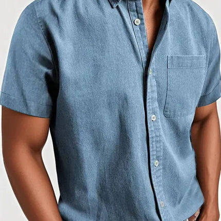 Collar Solid Color Pocket Single-breasted Men's Short-sleeved Shirt