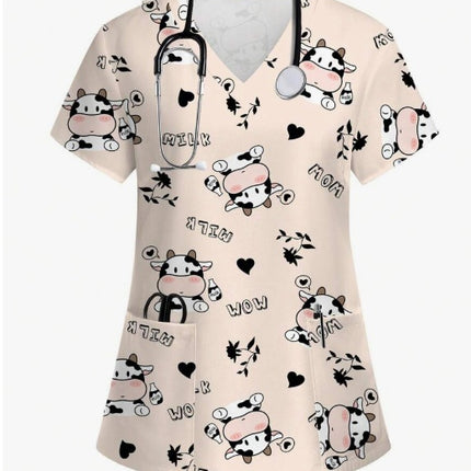 Vibrant Print Scrub Top Casual V