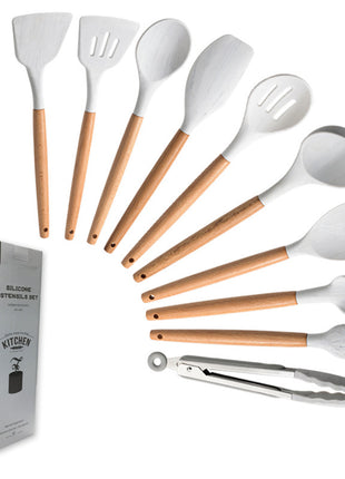 11-Piece White Marble Silicone Kitchen Utensil Set with Wooden Handles