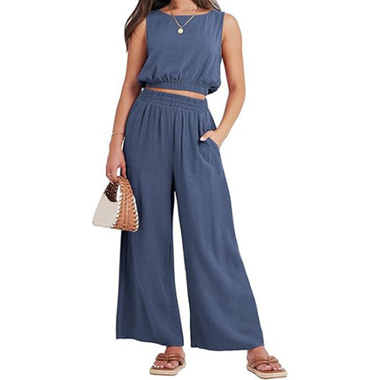 Round Neck Sleeveless Lower Hem High Waist Wide Leg Two-piece Set