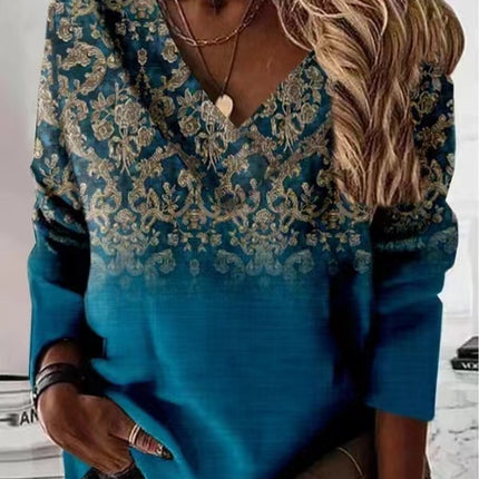 Retro V-neck Long-sleeved T-shirt