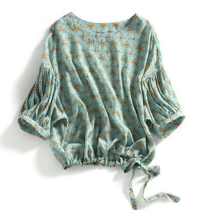 Cropped Lantern Sleeve Floral Top