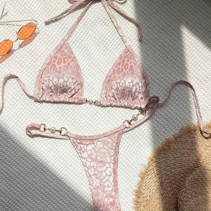 T-shaped Pearl Leopard Special Fabric Swimwear Swimsuit Bikini