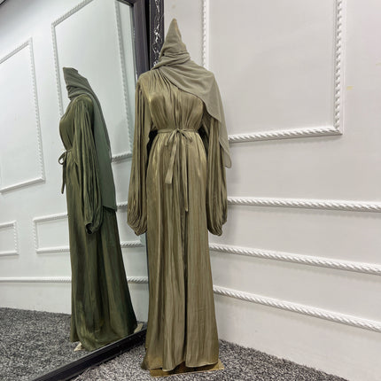 Bubble Sleeve Cardigan Elegant Long Lanyard Abaya with Headscarf