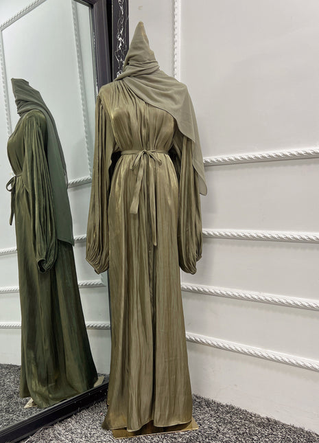 Abaya cárdigan elegante de manga abullonada con pañuelo a juego