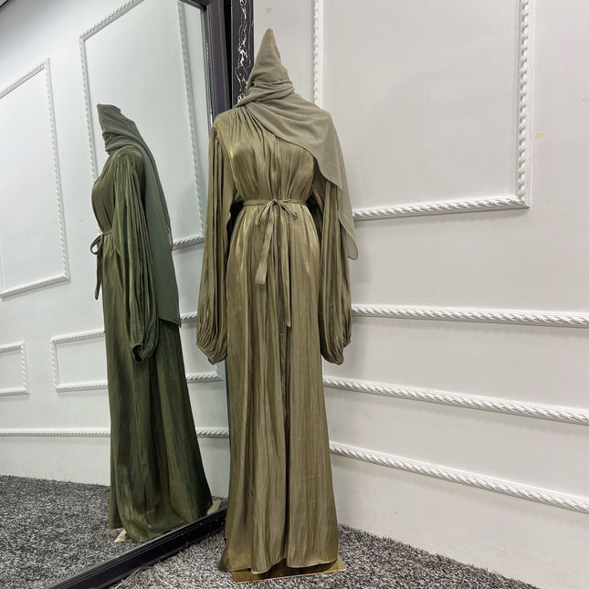 Bubble Sleeve Cardigan Elegant Long Lanyard Abaya with Headscarf