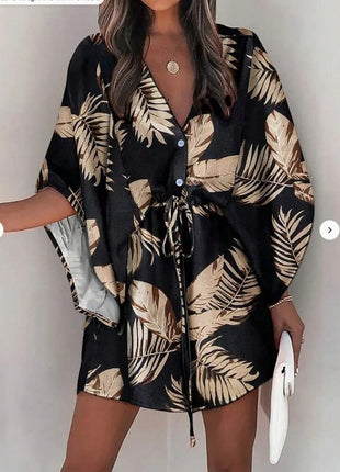 Batwing Sleeve with Botanical Design Dress