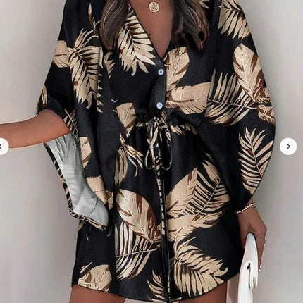 Batwing Sleeve with Botanical Design Dress