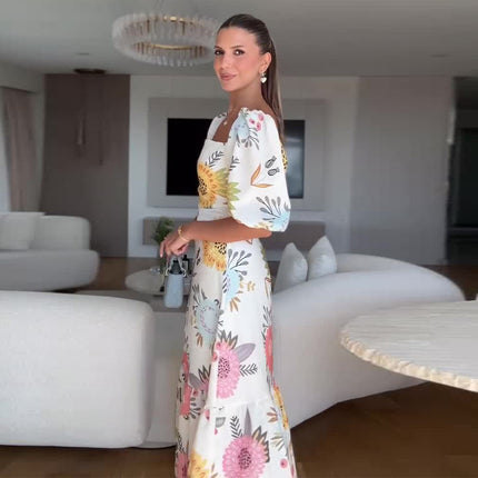 Square Collar Puff Sleeve Waist Trimming Stitching Dress