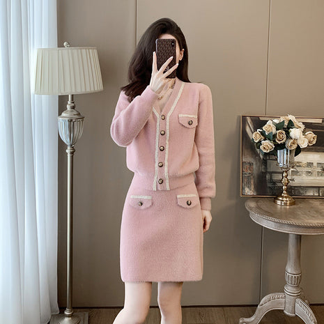 Traje de dos piezas de cárdigan y falda de manga larga de punto