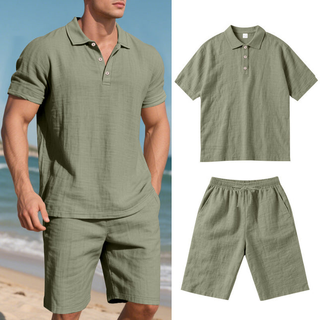 Summer Loose Casual Linen Breathable Short Beach Sleeve Shorts Set