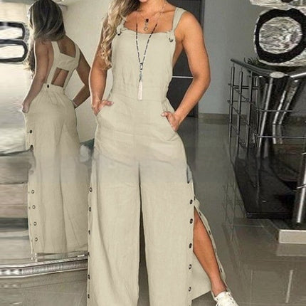 Sleeveless Side Pocket Side Buckle Wide Leg Jumpsuit
