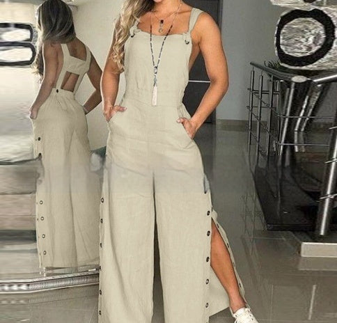 Sleeveless Side Pocket Side Buckle Wide Leg Jumpsuit