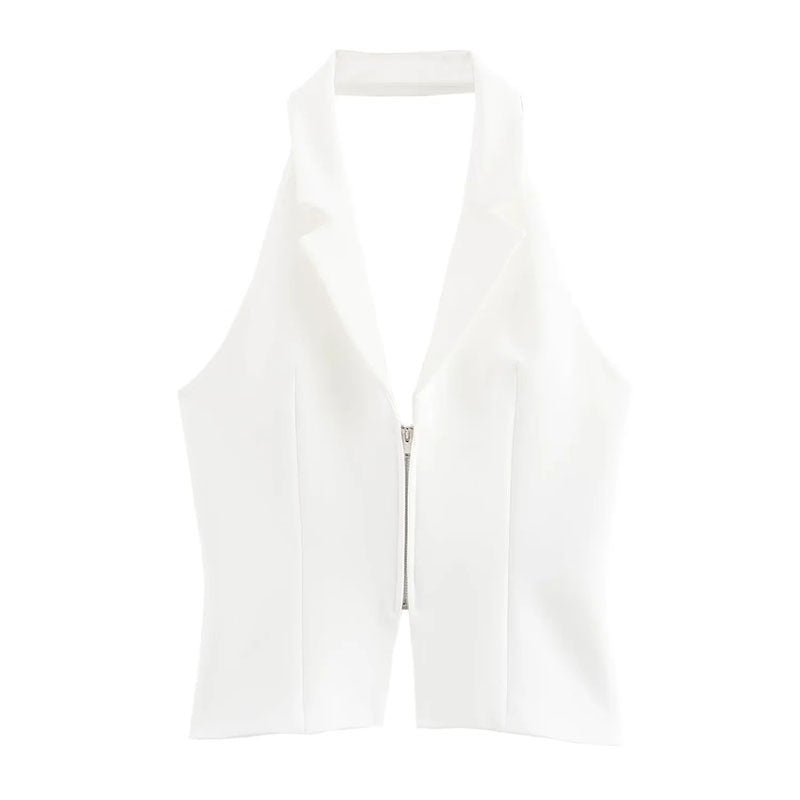 Slim-fit Zipper Backless Hanging Collar Top