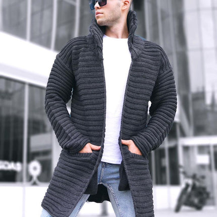 Knitted Cotton Ribbed Jacquard Lapel Cardigan Sweater