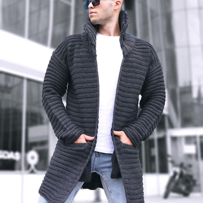 Knitted Cotton Ribbed Jacquard Lapel Cardigan Sweater